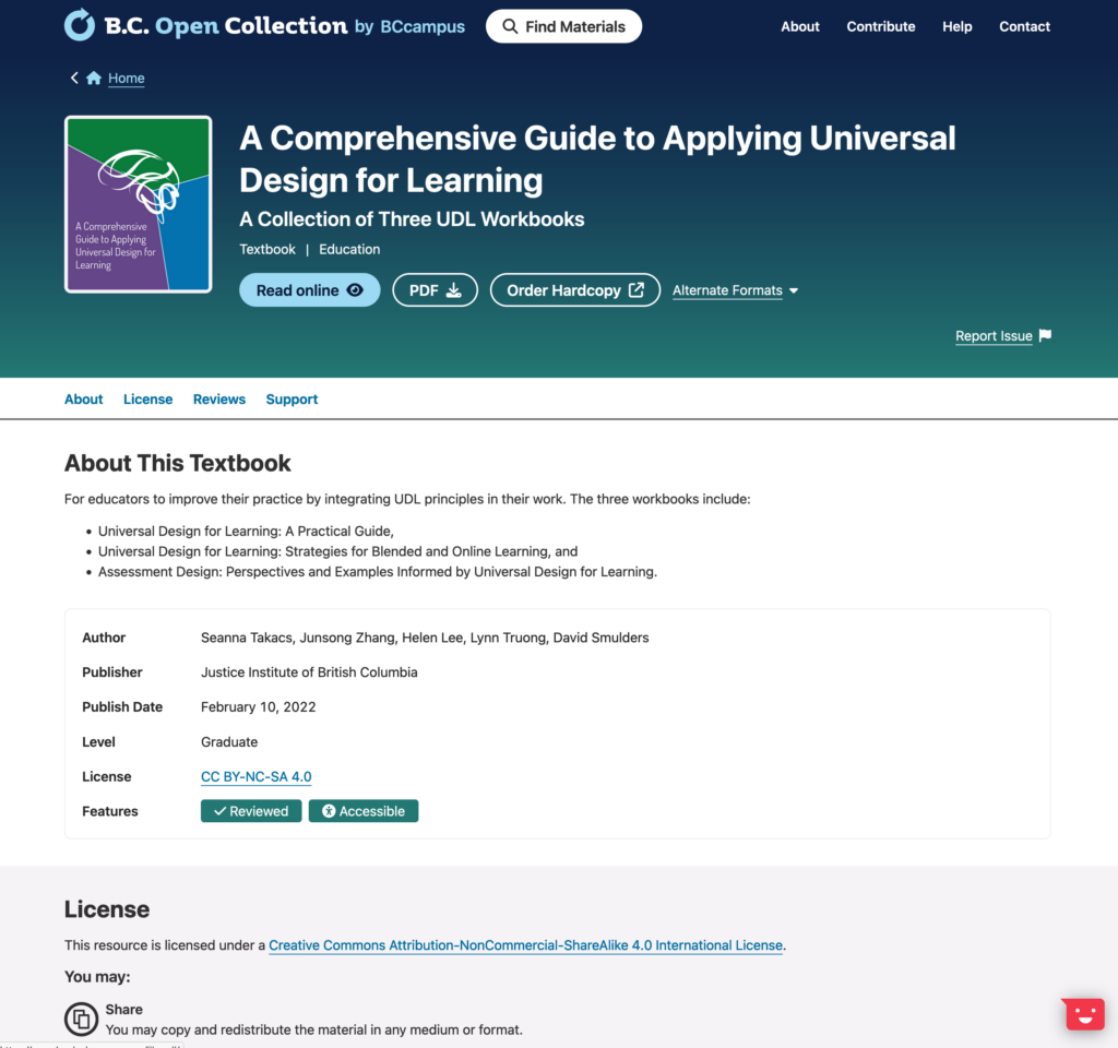 Screenshot of a browser window of BC Open Collection by bc campus opened to the page of the UDL textbook A Comprehensive Guide to Applying Universal Design for Learning: A Collection of Three UDL Workbooks